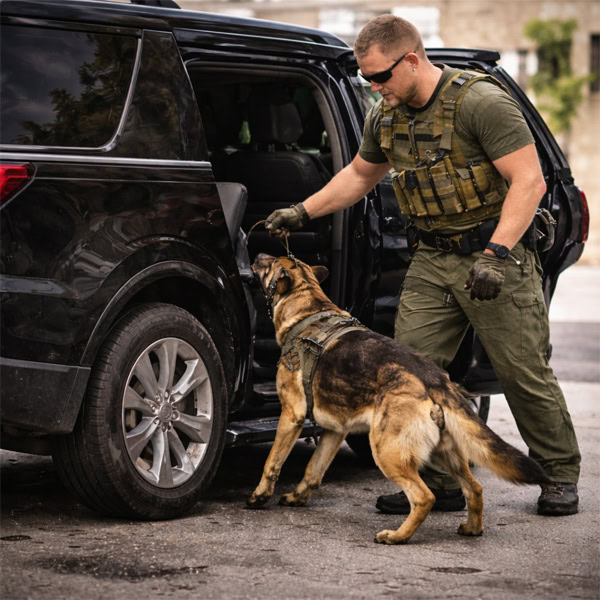 Police decoy training with K9 dog at Custom Canine Unlimited for law enforcement and security applic.