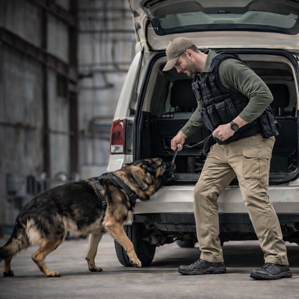 Drug & tracking dog handler training session in a warehouse setting.