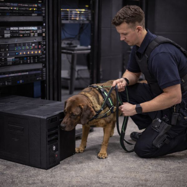 Detection dog handler training with electronic storage device.