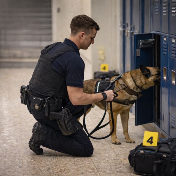 K9 handler training with a police dog at school lockers.