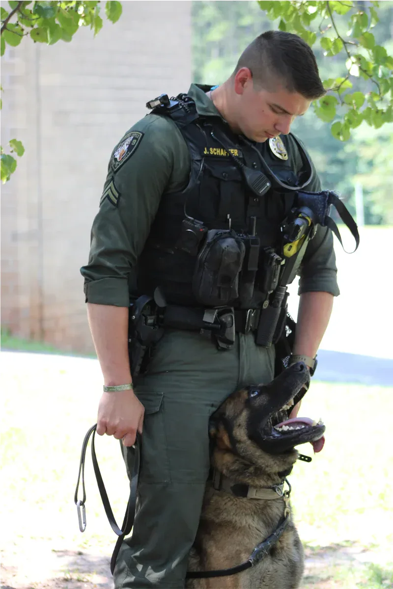 K-9 police officer with trained German Shepherd dog in outdoor setting.
