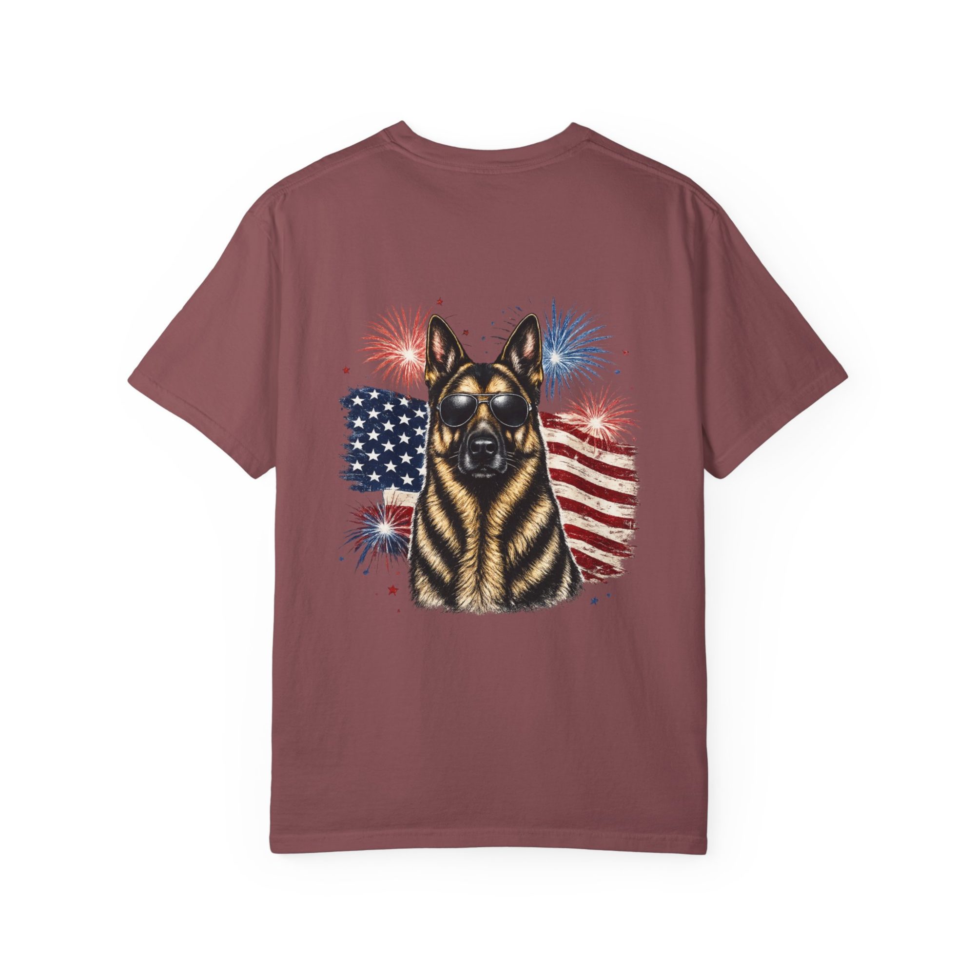 Patriotic German Shepherd T-Shirt — American Flag & Fireworks Design - Image 2